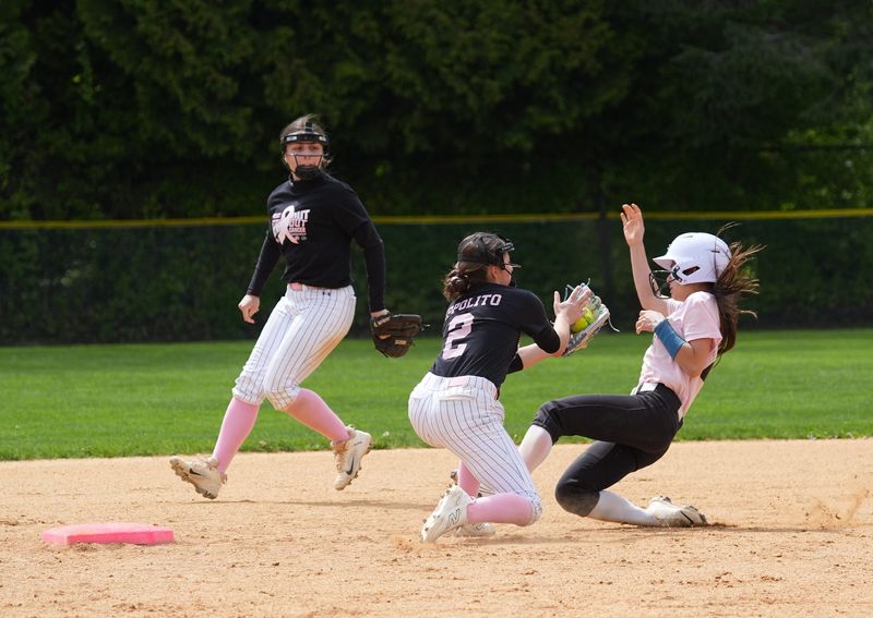 Ardsley's Noemi Ippolito (2) tages out Dobbs Ferry base runner Emma DeFilippis (88) during the championship game of the Rivertowns Breasts Cancer Softball Tournament at Ardsley High School in Ardsley on Saturday, May 2, 2026. Ardsley won 17-8.