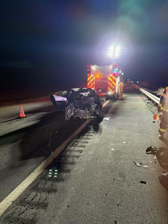 One person was killed when this vehicle was struck by a tractor-trailer on the New York state Thruway on May 4, 2026 in Mentz, Cayuga County.