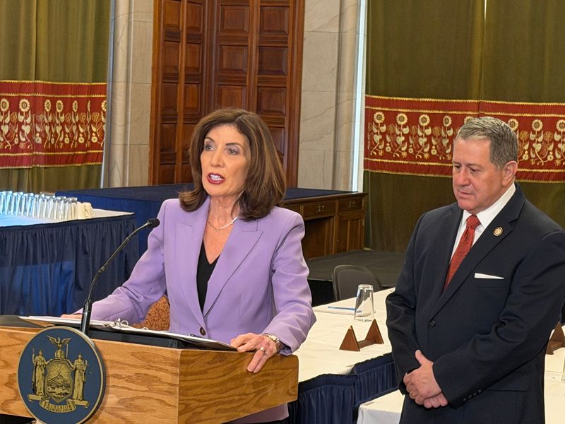 Gov. Kathy Hochul and U.S. Rep. Joe Morelle spoke about redistricting efforts inside the New York State Capitol on Tuesday, May 5, 2026.