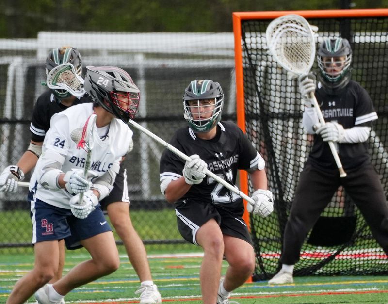 Byram Hills’ Shane Horowitz (24) tries to drive to the goal against Pleasantville during boys lacrosse action at Byram Hills High School in Armonk Apr. 29, 2026. Pleasantville won the game 17-12.