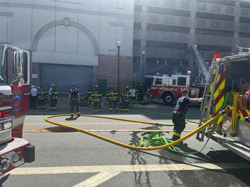 Several vehicles were destroyed in a fire at the New Roc City parking garage in New Rochelle. May 5, 2026