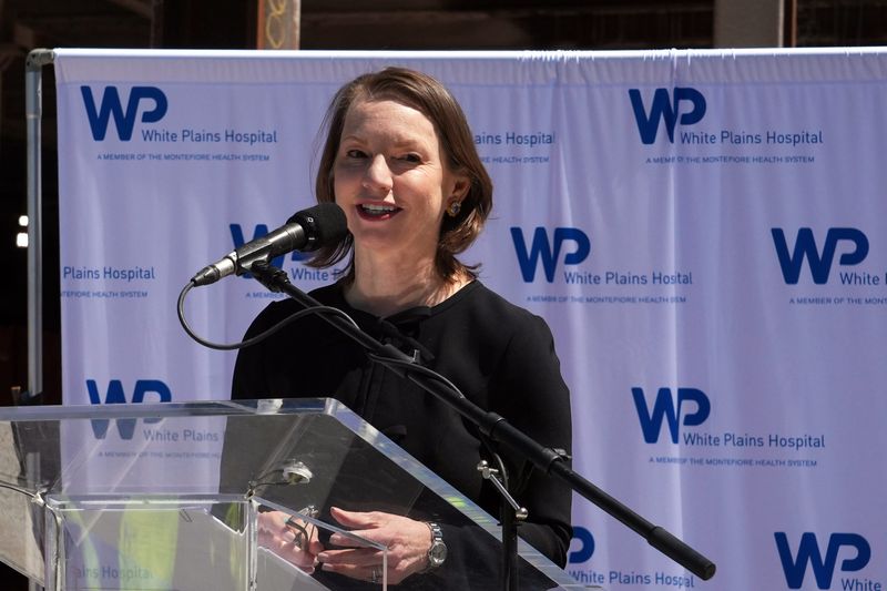 Susan Fox, president and CEO of White Plains Hospital, speaks at the topping off ceremony for the White Plains Hospital expansion project May 7, 2026 in White Plains.