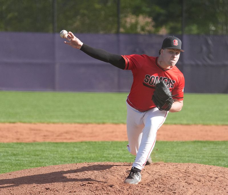Somers pitcher Ryan McAuley (20) works the mound during baseball action against John Jay at John Jay High School in Cross River on Thursday, May 7, 2026.