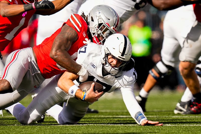 Ohio State Buckeyes linebacker Arvell Reese (8) sacks Penn State Nittany Lions quarterback Ethan Grunkemeyer (17) in the second half of the college football game at Ohio Stadium on Saturday, Nov. 1, 2025 in Columbus, Ohio.