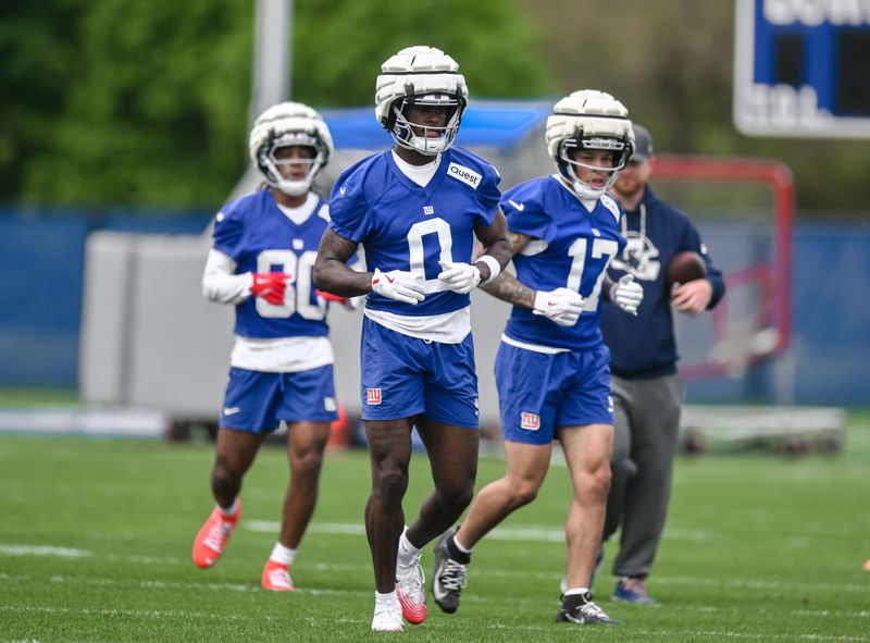May 9, 2026; East Rutherford, NJ, USA; New York Giants wide receiver Malachi Fields (0) participates in a drill during rookie minicamp at Quest Diagnostics Training Center. Mandatory Credit: John Jones-Imagn Images
