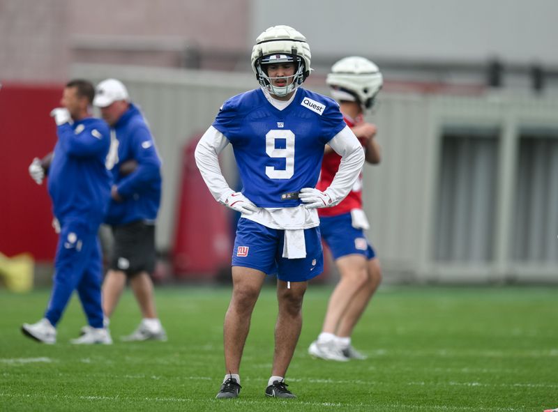 May 9, 2026; East Rutherford, NJ, USA; New York Giants wide receiver Keagan Johnson (9) looks on during a drill at rookie minicamp at Quest Diagnostics Training Center. Mandatory Credit: John Jones-Imagn Images