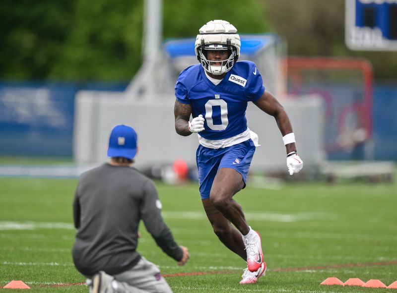 May 9, 2026; East Rutherford, NJ, USA; New York Giants wide receiver Malachi Fields (0) participates in a drill during rookie minicamp at Quest Diagnostics Training Center. Mandatory Credit: John Jones-Imagn Images