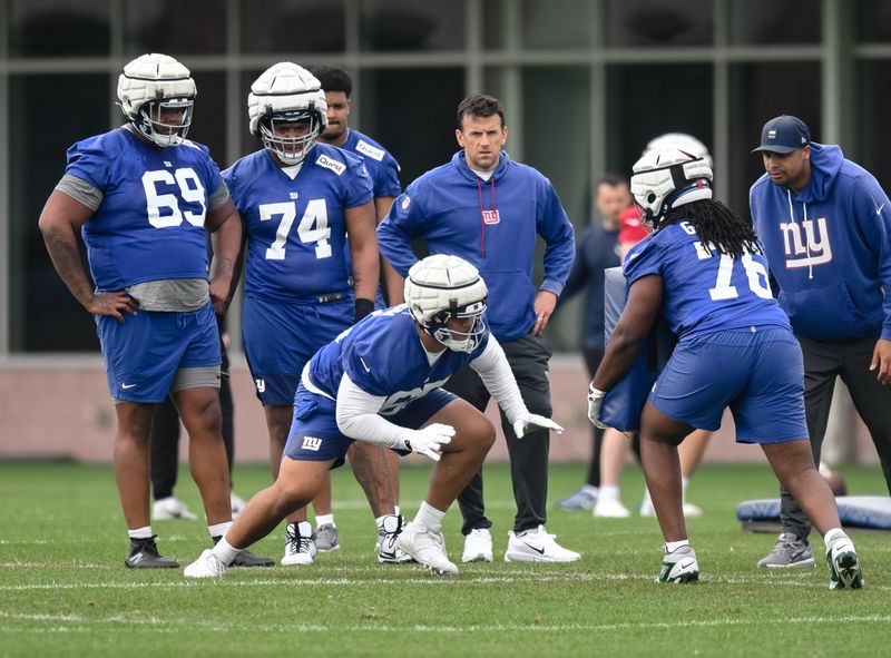 May 9, 2026; East Rutherford, NJ, USA; New York Giants offensive lineman Francis Mauigoa (65) participates in a drill during rookie minicamp at Quest Diagnostics Training Center. Mandatory Credit: John Jones-Imagn Images