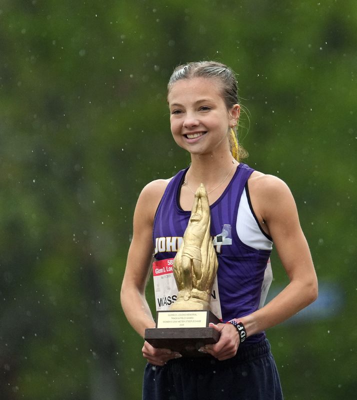 John Jay-Cross River's Sloan Wasserman wins the 2,000-meter steeplechase with a 6:41.07 time during day 2 of the 2026 Glenn D. Loucks Games track & field meet at White Plains High School on Saturday, May 9, 2026.