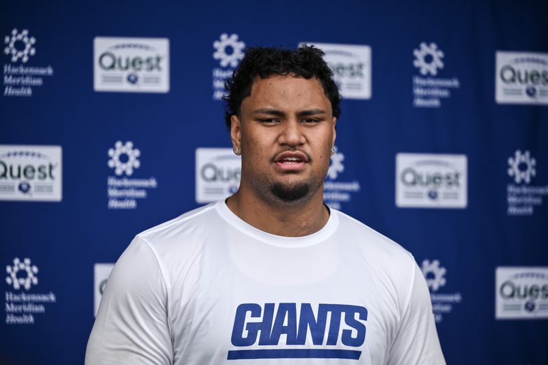 May 9, 2026; East Rutherford, NJ, USA; New York Giants offensive lineman Francis Mauigoa (65) speaks during a press conference at rookie minicamp at Quest Diagnostics Training Center. Mandatory Credit: John Jones-Imagn Images