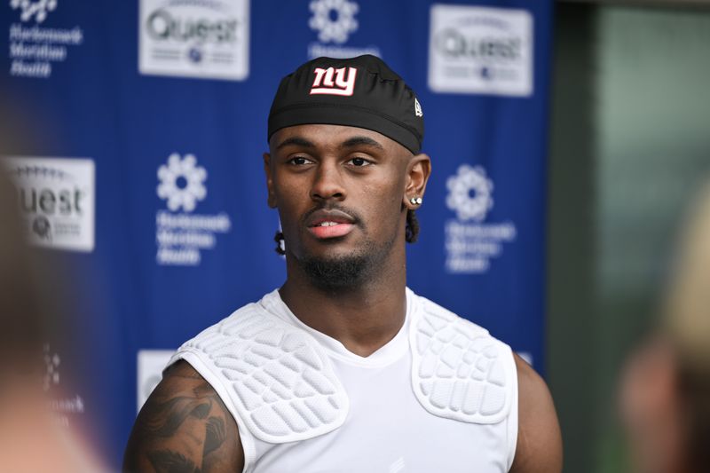 May 9, 2026; East Rutherford, NJ, USA; New York Giants wide receiver Malachi Fields (0) speaks during a press conference at rookie minicamp at Quest Diagnostics Training Center. Mandatory Credit: John Jones-Imagn Images