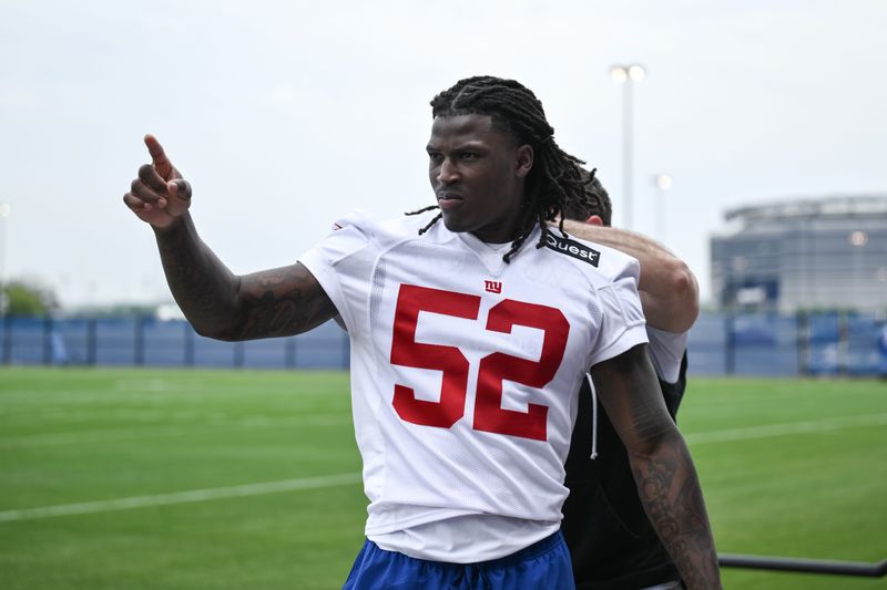 May 9, 2026; East Rutherford, NJ, USA; New York Giants linebacker Arvell Reese (52) looks on after a press conference at rookie minicamp at Quest Diagnostics Training Center. Mandatory Credit: John Jones-Imagn Images