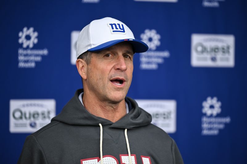 May 9, 2026; East Rutherford, NJ, USA; New York Giants head coach Jim Harbaugh speaks during a press conference at rookie minicamp at Quest Diagnostics Training Center. Mandatory Credit: John Jones-Imagn Images