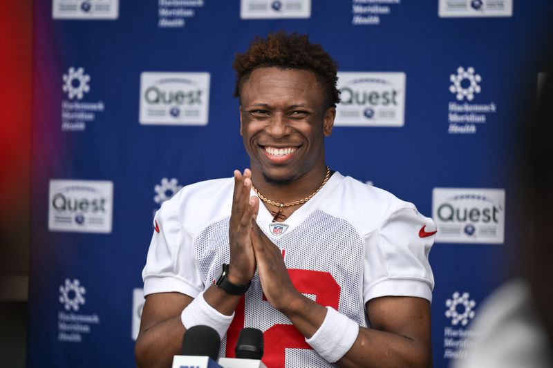 May 9, 2026; East Rutherford, NJ, USA; New York Giants cornerback Colton Hood (12) speaks during a press conference at rookie minicamp at Quest Diagnostics Training Center. Mandatory Credit: John Jones-Imagn Images
