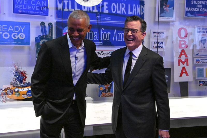 The Late Show with Stephen Colbert and guest President Barack Obama during Tuesday’s May 5, 2026 show.