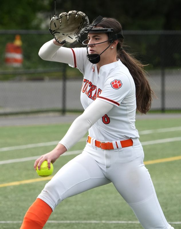 Tuckahoe's Katie Attwood delivers a pitch during a game with Rye Neck May 11, 2026. Tuckahoe won 6-0.