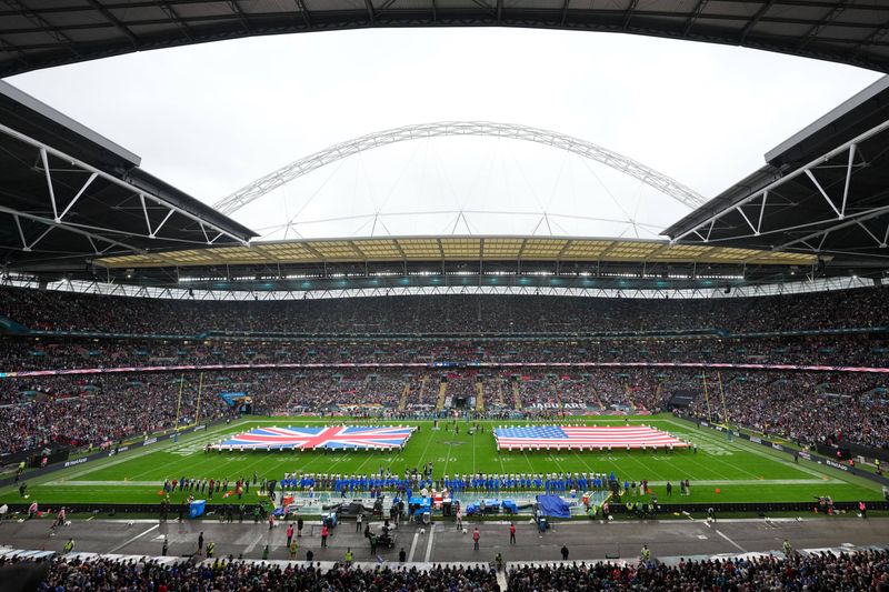 Oct 19, 2025; London, United Kingdom; A general view during the national anthem before a NFL International Series game between the Los Angeles Rams and the Jacksonville Jaguars at Wembley Stadium.