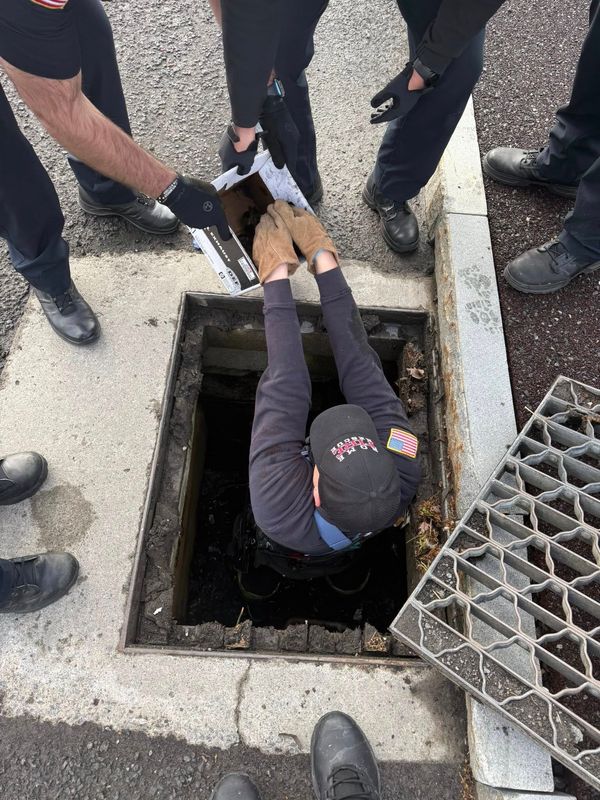 First responders from Rome FD, PD lift over a dozen baby ducklings trapped in a storm drain up to safety on Mother's Day, May 10, gathering them in a cardboard box before reuniting them with the Mother Duck, who "paced nervously nearby."