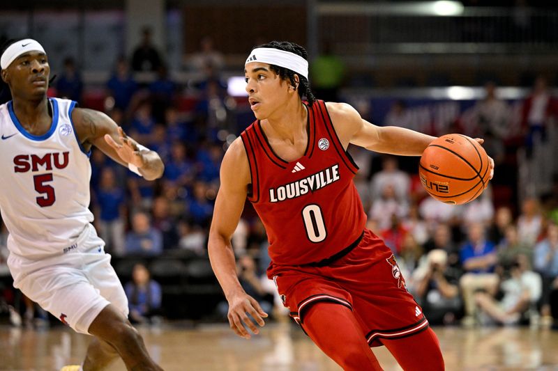 Feb 17, 2026; Dallas, Texas, USA; Louisville Cardinals guard Mikel Brown Jr. (0) brings the ball up court against the SMU Mustangs during the first half at Moody Coliseum. Mandatory Credit: Jerome Miron-Imagn Images