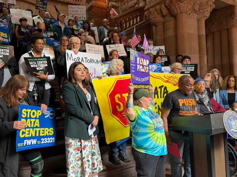 Environmental advocates gathered on the Million Dollar Staircase inside the New York State Capitol on Wednesday, May 13, 2026 to protest data centers in New York.