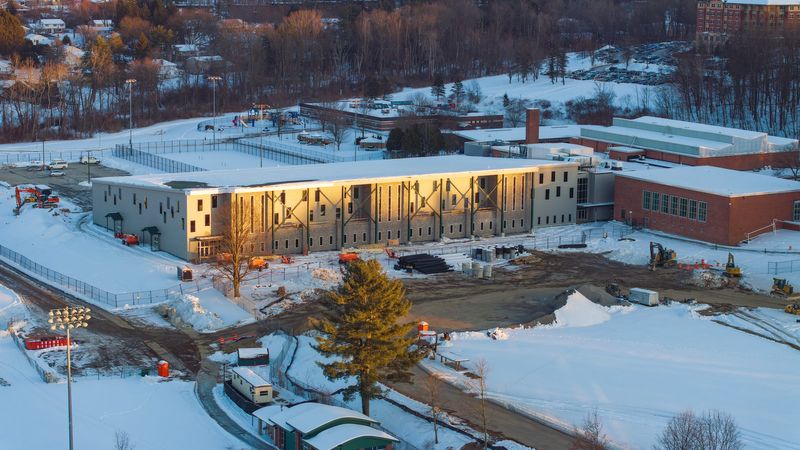 Aerial photo of the East Gym and track construction on Feb 6, 2026.
