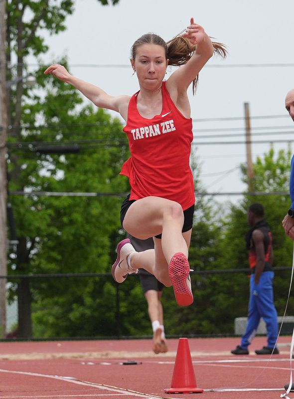 Tappan Zee’s Tosia Bednarz on her way to winning the girls triple jump during the Rockland County Track & Field Championships at Nyack High School May 13, 2026.