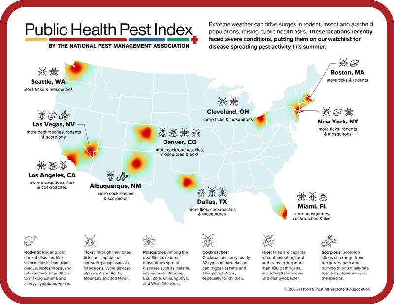 Extreme weather can drive surges in rodent, insect and arachnid populations, raising public health risks. This May 2026 map shows 10 locations that may see increased pest activity this summer due to weather.