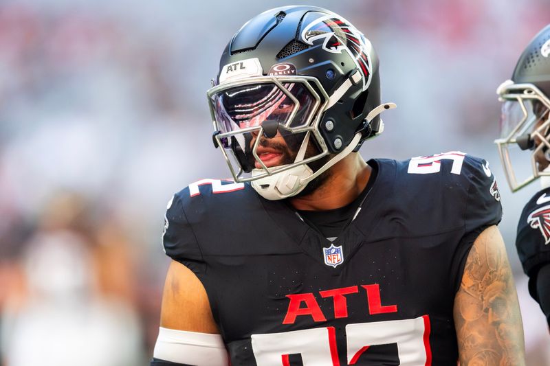 Dec 21, 2025; Glendale, Arizona, USA; Atlanta Falcons linebacker Khalid Kareem (92) against the Arizona Cardinals at State Farm Stadium. Mandatory Credit: Mark J. Rebilas-Imagn Images