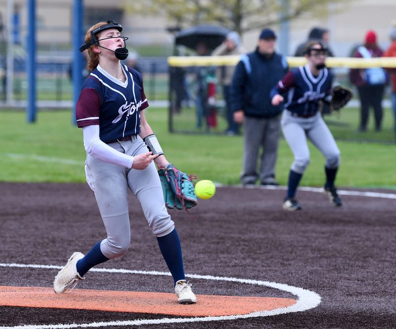 Watkins Glen/Odessa-Montour's Paige Ells pitches during a 7-6 win over Lansing in the IAC Large School softball championship game May 14, 2026 at Watkins Glen High School.