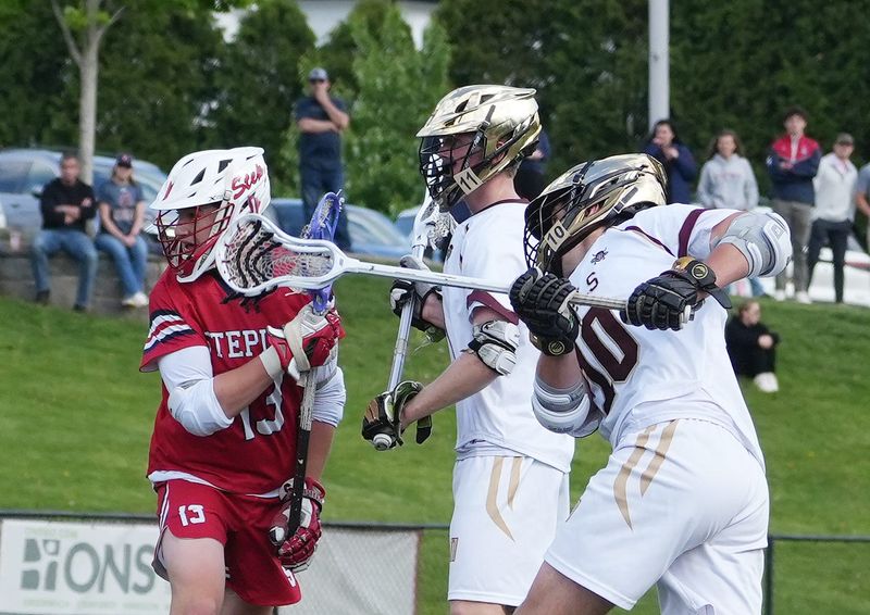 Iona Prep's Billy Haggerty (10) fires a shot for a first half goal against Stepinac during CHSAA boys lacrosse playoff action at Iona Prep in New Rochelle May 14, 2026. Iona Prep won the game 16-7.