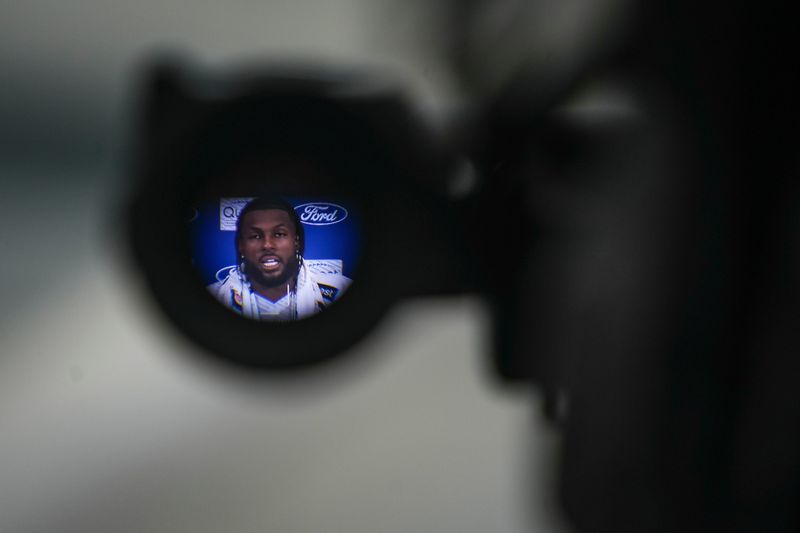 New York Giants linebacker Kayvon Thibodeaux (5) speaks to the media through a television camera on day two of training camp at Quest Diagnostics Giants Training Center, Jul 24, 2025, East Rutherford, NJ, USA.