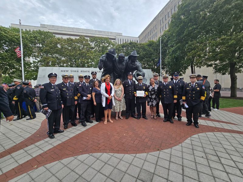 NYS Assemblywoman Marianne Buttenschon poses with cross section of Mohawk Valley first responders to celebrate bi-partisan passage of NYS Assembly Bill A6790 on May 14, 2026, which quadruples NY State tax credit for volunteer firefighters and EMTs.