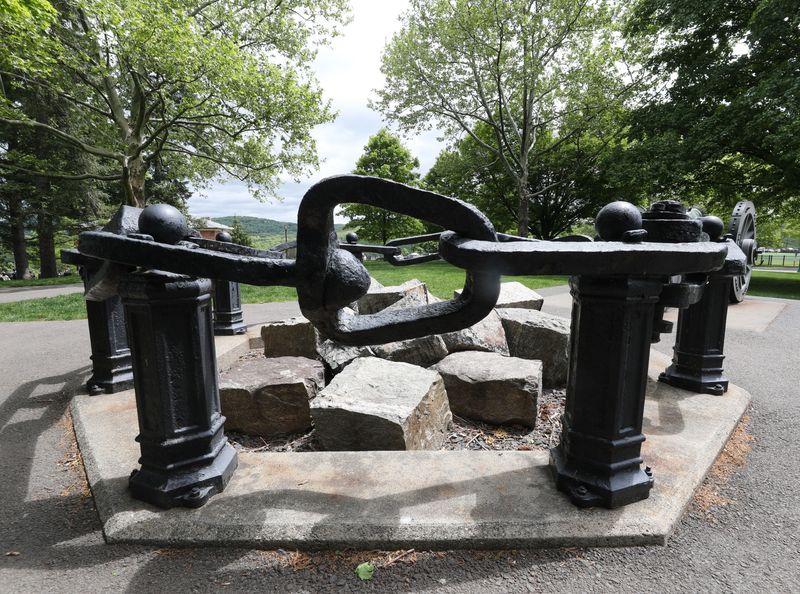 The 13 link section of the Great Chain at West Point’s Trophy Point on May 15, 2026. The Great Chain was a series of barges and chains that stretched across the Hudson River during the American Revolution meant to stop the British from traveling freely up and down the river.