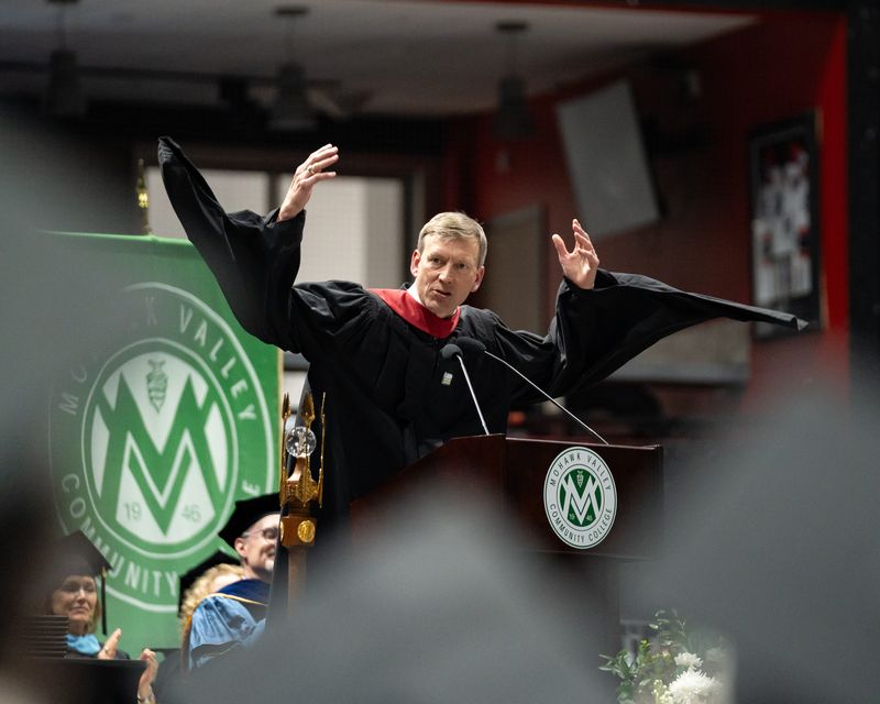 President and CEO of Indium Corporation Ross Berntson delivers the commencement address during Mohawk Valley Community College's Spring Commencement at the Adirondack Bank Center in Utica, NY on Friday, May 15, 2026.