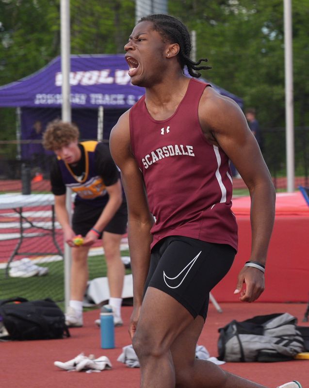 Scarsdale’s Labrowne Brown reacts after winning the boys 100 meter during the Westchester County track and field championships at Somers High School May 15, 2026.