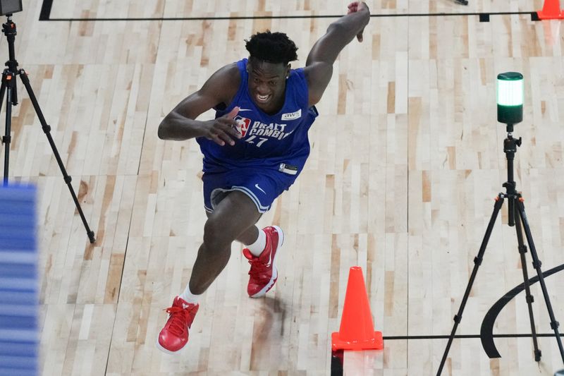 May 12, 2026; Chicago, IL, USA; AJ Dybantsa participates in the 2026 NBA Draft Combine at Wintrust Arena. Mandatory Credit: David Banks-Imagn Images