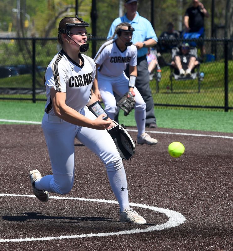 Corning's Matti Johnston pitches in a 6-0 win over Vestal in the Southern Tier Athletic Conference softball championship game May 16, 2026 at Greenlight Veterans Grand Slam Park in Binghamton.