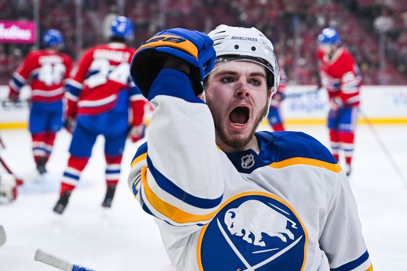 Buffalo Sabres left wing Zach Benson reacts after scoring a goal against the Montreal Canadiens during the second period in game six of the second round of the 2026 Stanley Cup Playoffs at Bell Centre.