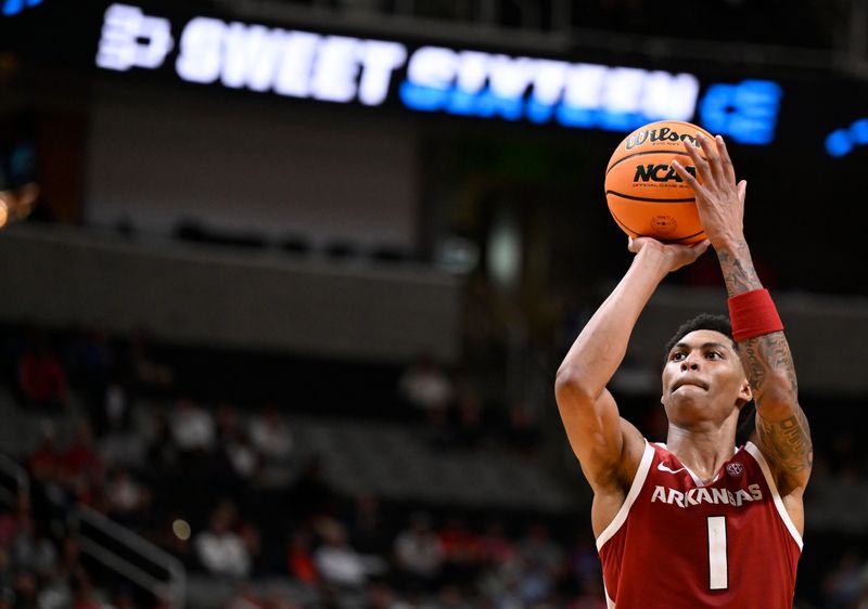 Mar 26, 2026; San Jose, CA, USA; Arkansas Razorbacks guard Meleek Thomas (1) shoots the ball against the Arizona Wildcats in the second half during a Sweet Sixteen game of the West Regional of the men's 2026 NCAA Tournament at SAP Center. Mandatory Credit: Eakin Howard-Imagn Images