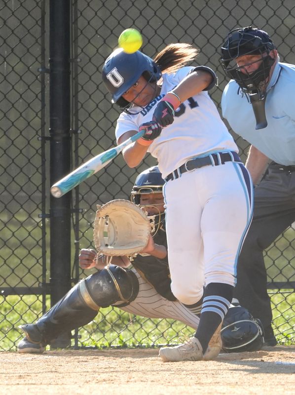 Ursuline's AJ Capano hits a home run during a softball game at Albertus May 12, 2026. Albertus won 8-5.