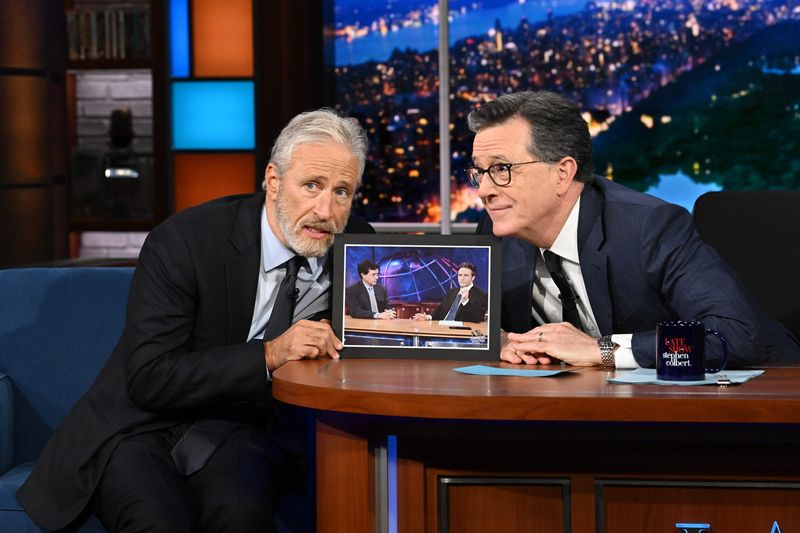 Jon Stewart and Stephen Colbert on "The Late Show" on May 19, 2026.