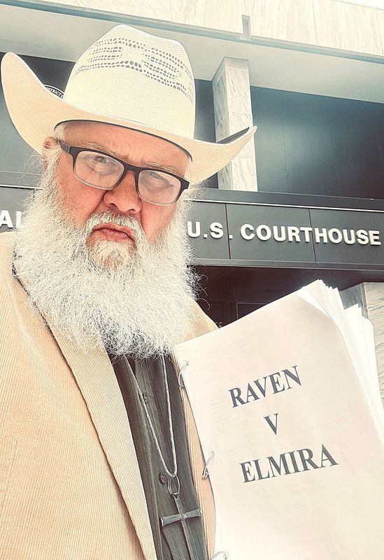Elmira artist Julian Raven has filed a federal lawsuit against the City of Elmira over the elimination of a second public speaking opportunity at City Council meetings, claiming it violates the First Amendment.