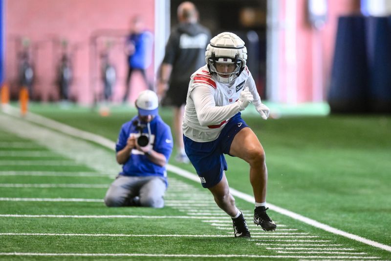 May 21, 2026; East Rutherford, NJ, USA; New York Giants linebacker Jack Kelly (51) participates in a drill during organized team activities at Quest Diagnostics Training Center. Mandatory Credit: John Jones-Imagn Images