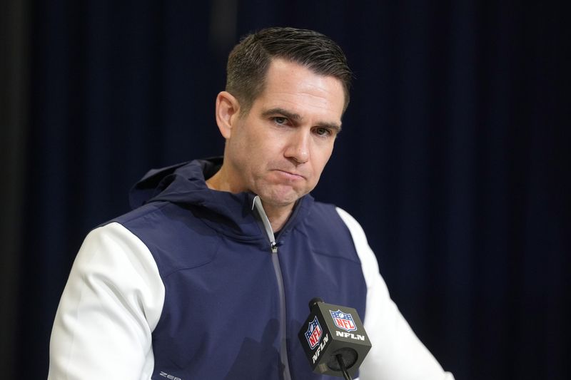 Feb 24, 2026; Indianapolis, IN, USA; New York Giants general manager Joe Schoen speaks at the NFL Scouting Combine at the Indiana Convention Center. Mandatory Credit: Kirby Lee-Imagn Images