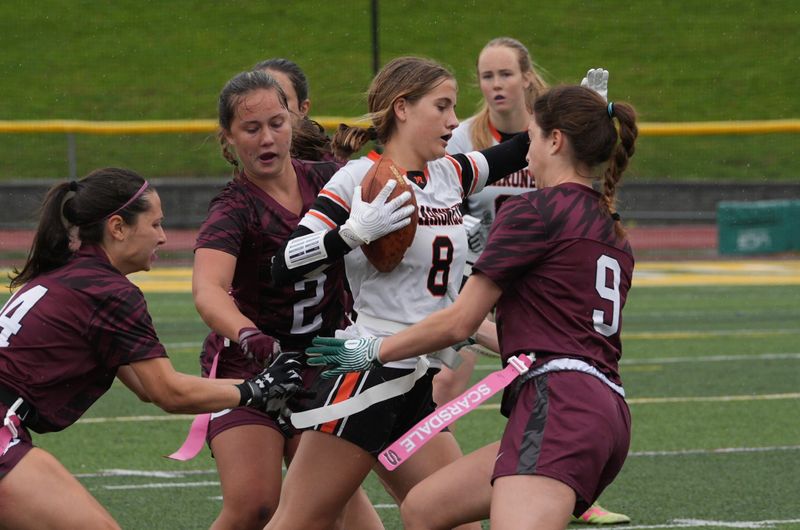 Mamaroneck's Margaret Insley works through traffic in the first half of the Section 1 Class A flag football championship game on May 23, 2026 at Lakeland High School in Shrub Oak.