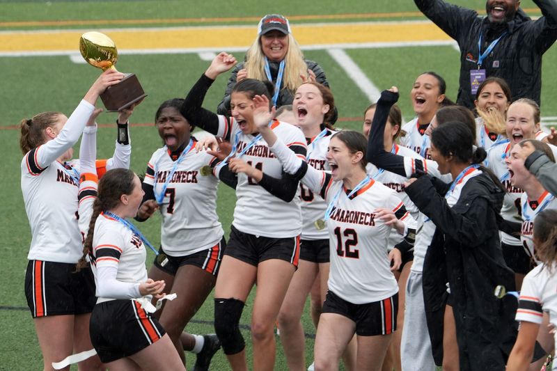 Mamaroneck players celebrate their 13-7 victory over Scarsdale in the Section 1 Class A flag football championship at Lakeland High School in Shrub Oak May 23, 2026.