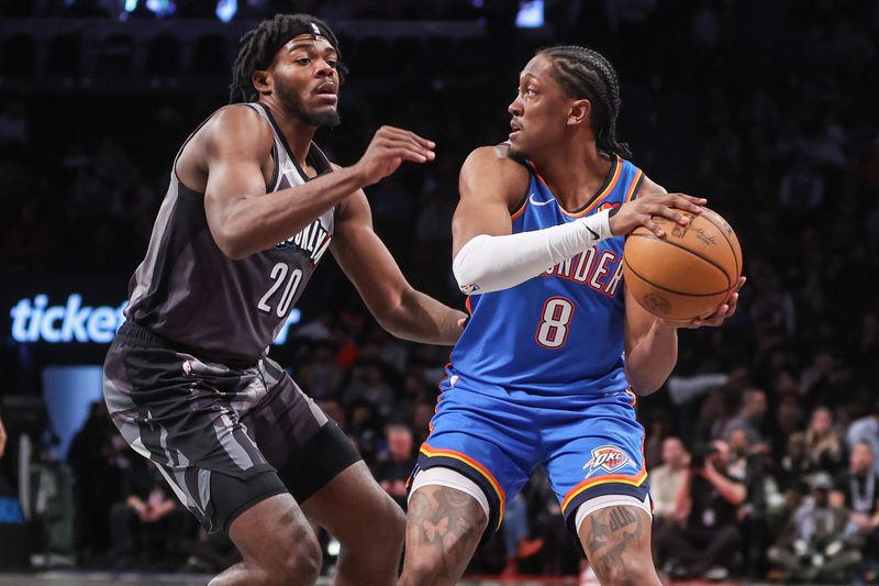 Feb 26, 2025; Brooklyn, New York, USA; Oklahoma City Thunder forward Jalen Williams (8) is guarded by Brooklyn Nets center Day'Ron Sharpe (20) in the first quarter at Barclays Center. Mandatory Credit: Wendell Cruz-Imagn Images