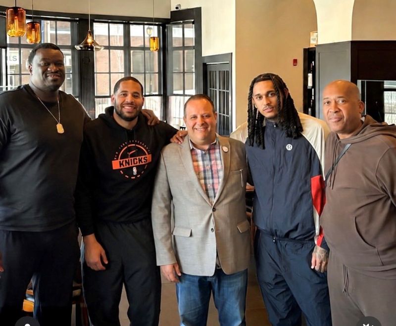 New York Knicks shooting guard Jordan Clarkson, second from right, at KEE Oyster House in White Plains with friends. Owner Elvi Hoxhaj is in the middle.