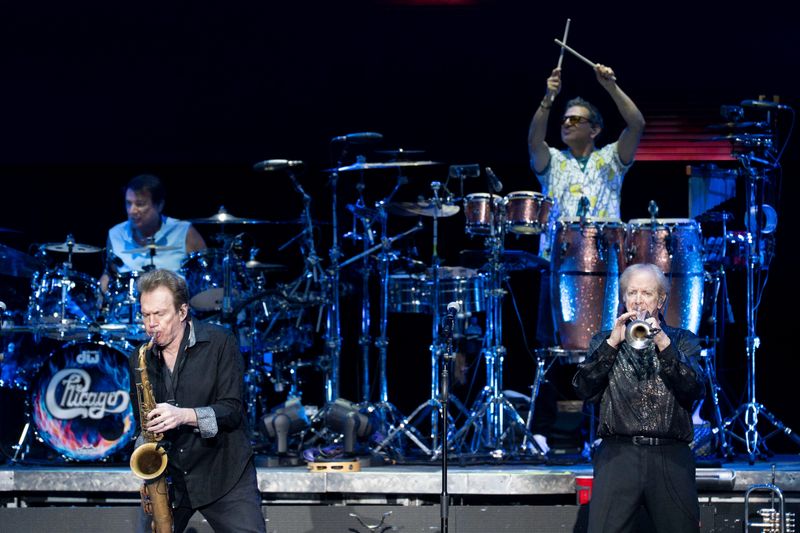 Chicago in concert at the Tennessee Theatre on May 26, 2026, in Knoxville, Tennessee. Members, from left, Wally Reyes Jr, Ray Herrmann, Ramon Yslasm, and Lee Loughnane.