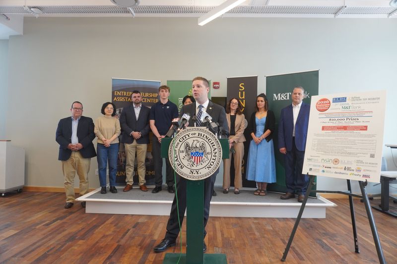 Binghamton Mayor Jared Kraham announces the winners of the 2026 Binghamton Business Plan Competition on May 27, 2026.